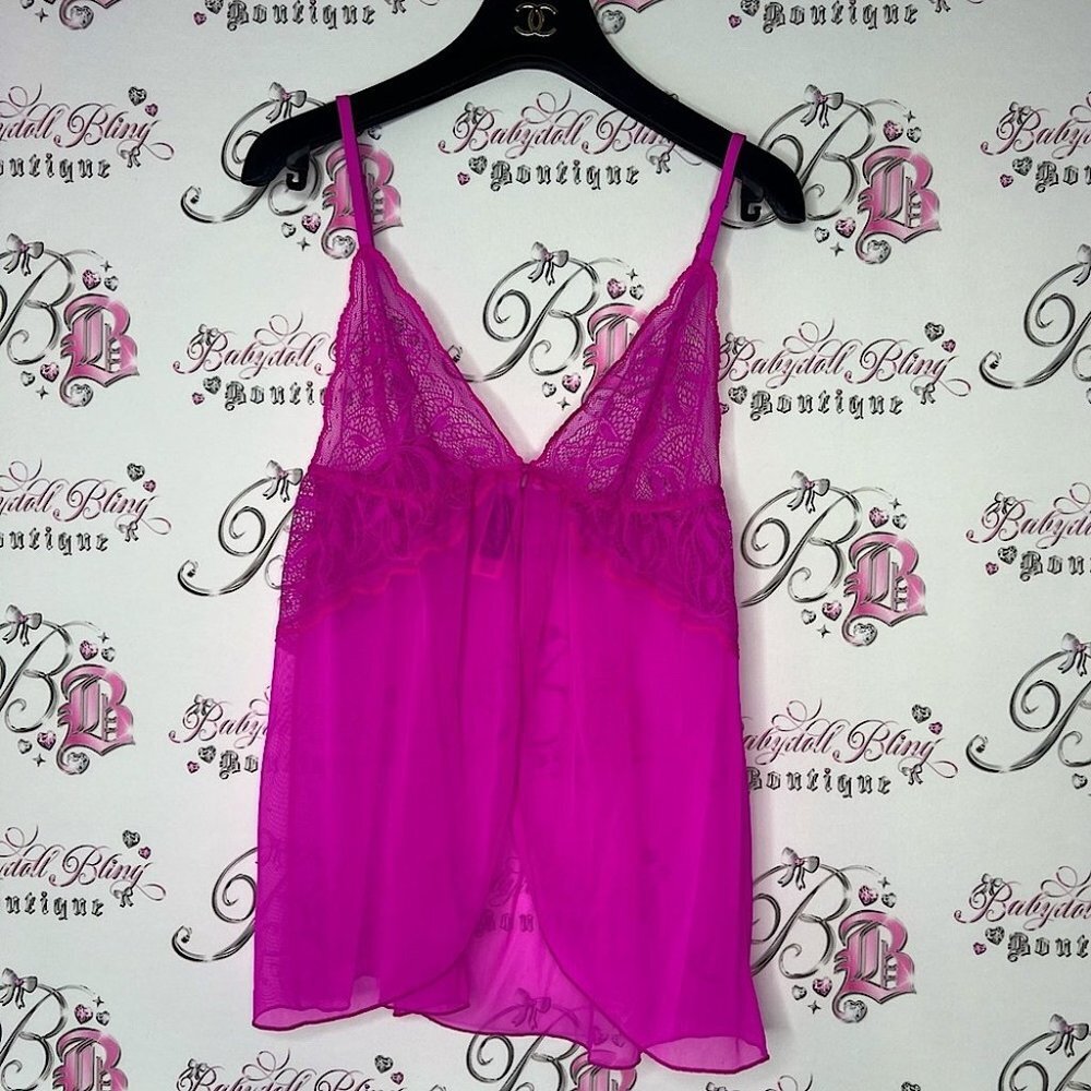 La senza babydoll tank top cami lace floral mesh neon purple pink stretchy y2k